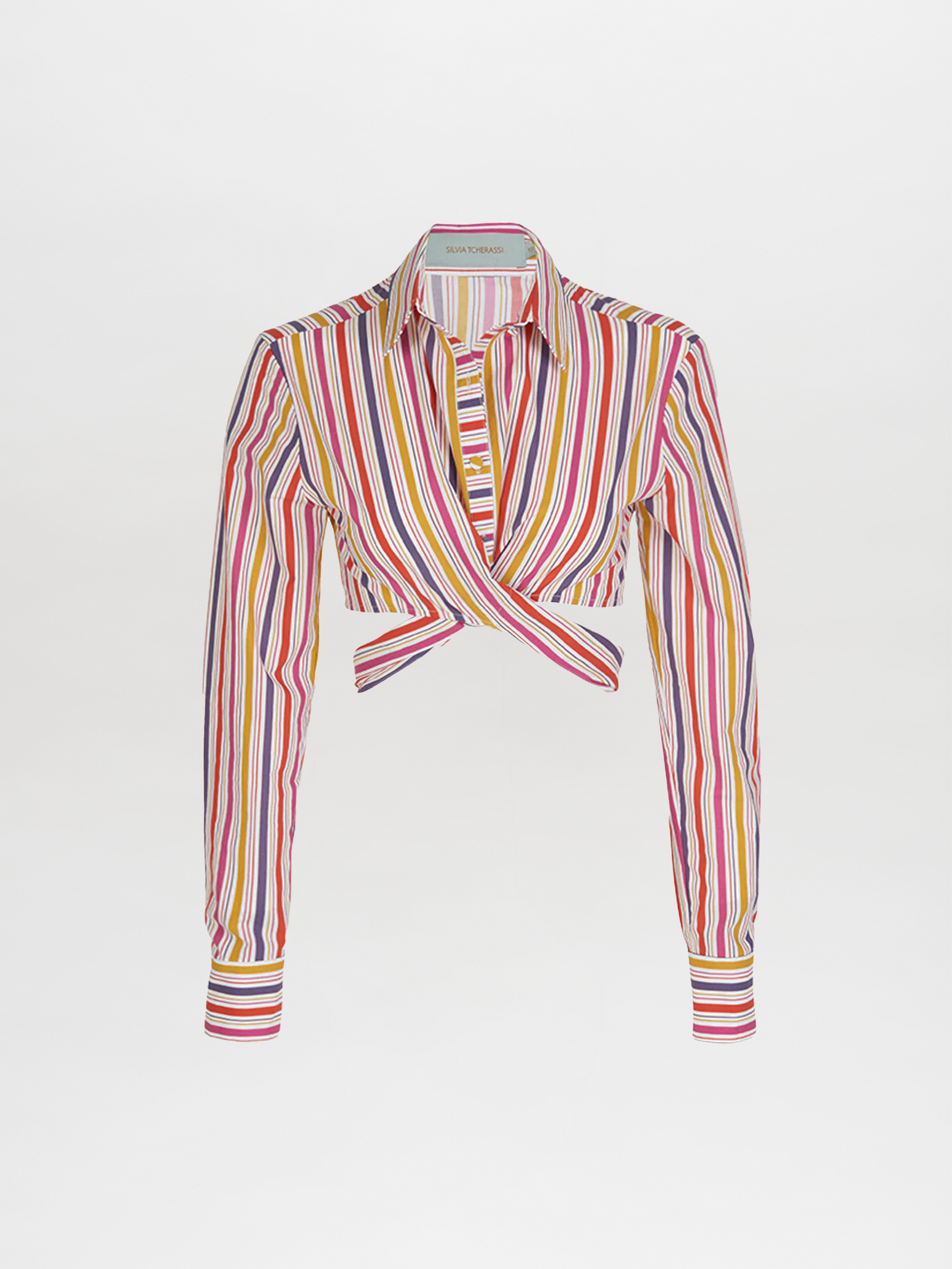 Marcel Blouse Golden Magenta Stripes in cropped style, featuring a twist front detail and multicolored gold magenta striped fabric, complete with buttoned cuffs.