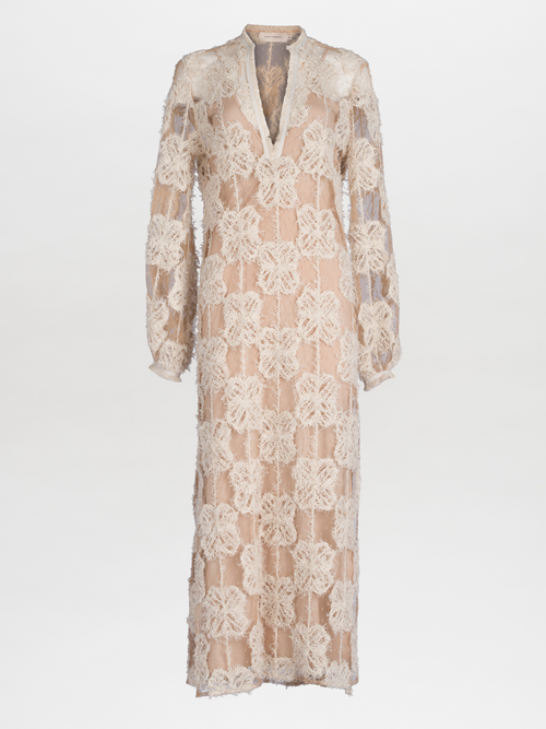 A long, Mayfair Tunic Cream Flowers lace maxi tunic with floral patterns and three-quarter sleeves, displayed against a white background.