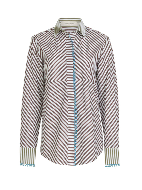 A Melissa Blouse Brown Stripes with a striped pattern, perfect for shirt dressing.