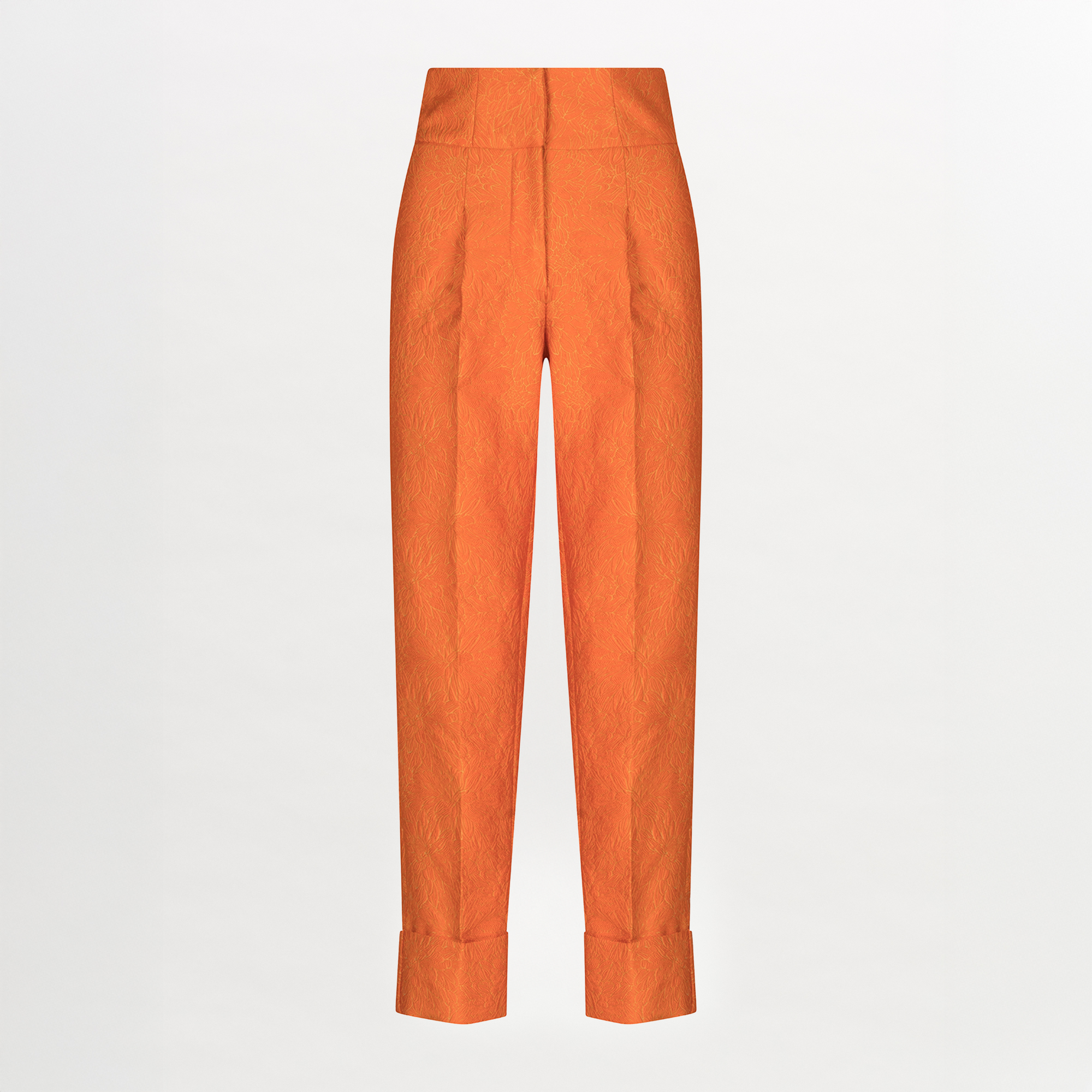A pair of Moad Pant Orange Petal with pleating details.