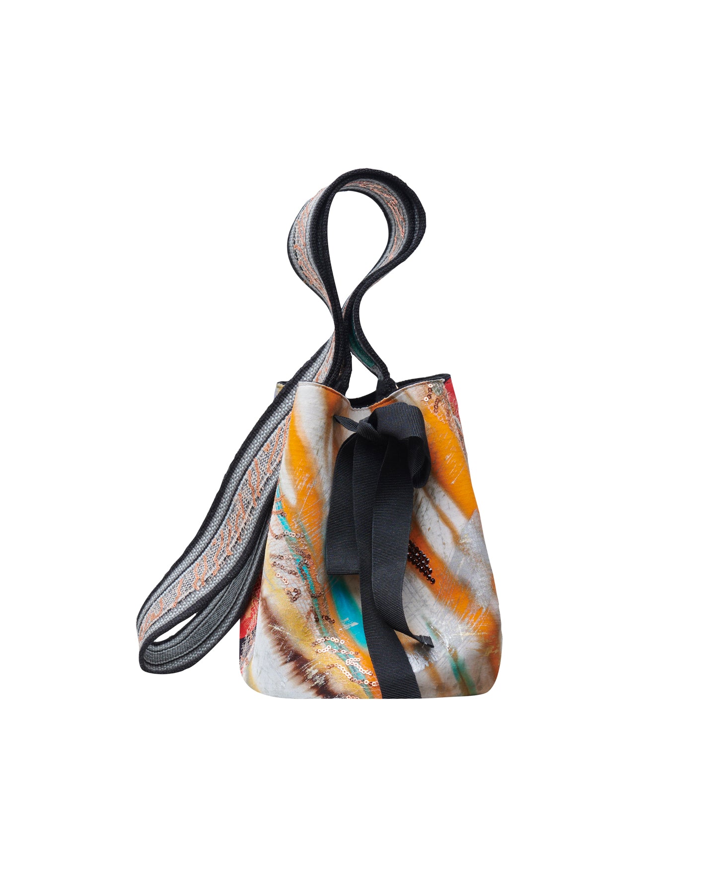 A colorful Mochila Laaput Black handbag with a black ribbon tie and hand-woven strap, isolated on a white background.