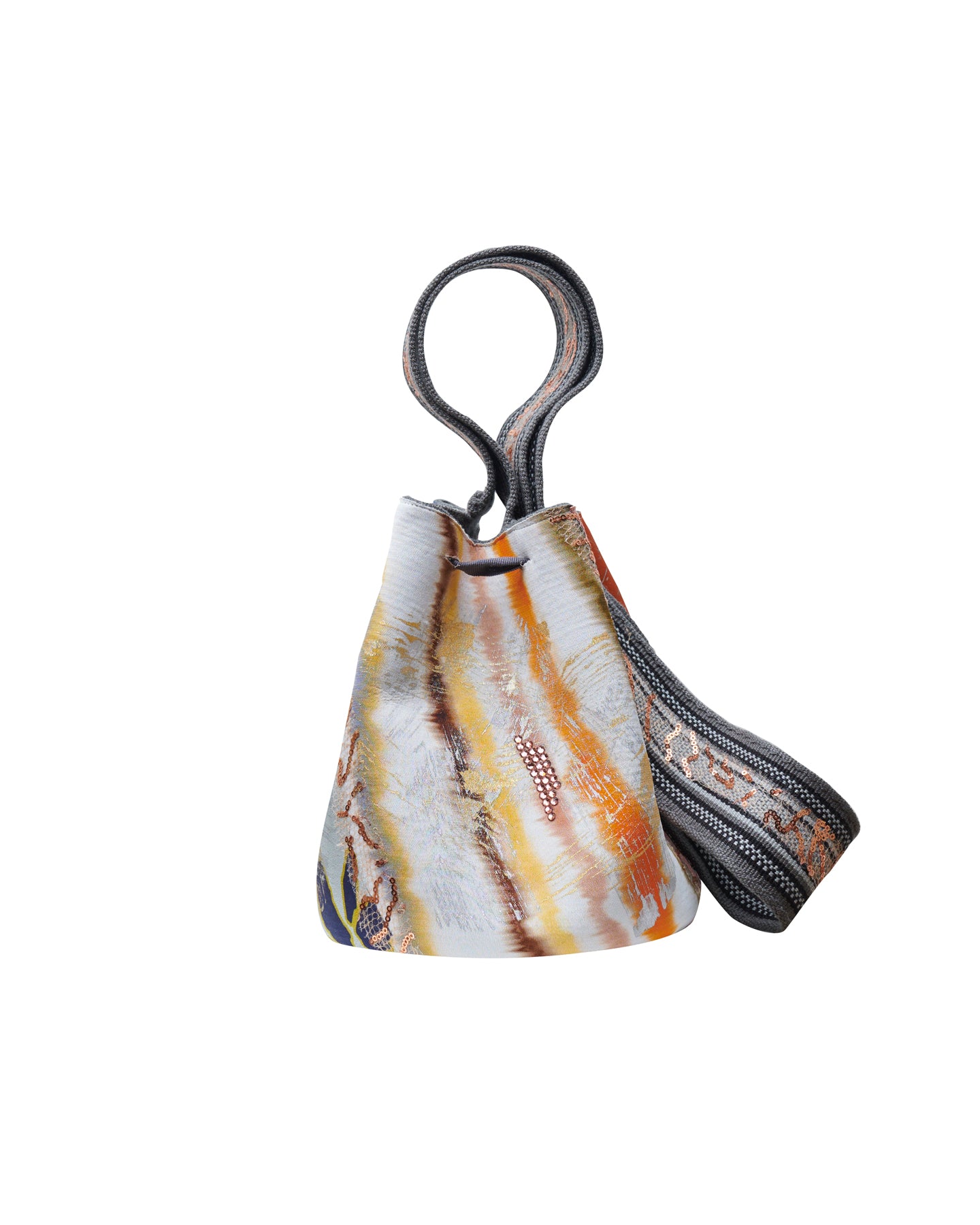 Mochila Laaput Gray with a textured, multicolored design, featuring a looped handle and fabric ribbons—a unique piece showcasing traditional craftsmanship.