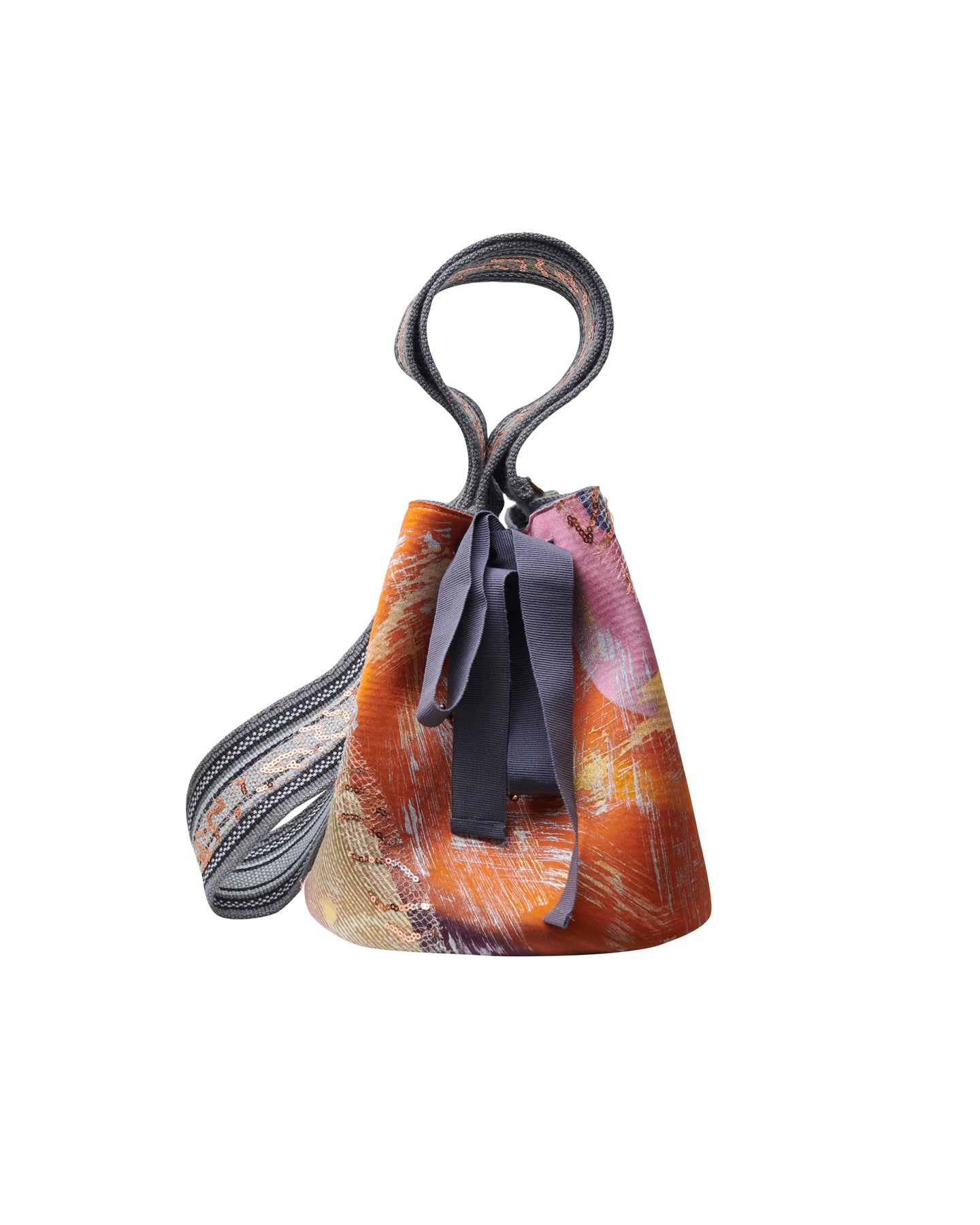 Mochila Laaput Gray with a textured, multicolored design, featuring a looped handle and fabric ribbons—a unique piece showcasing traditional craftsmanship.