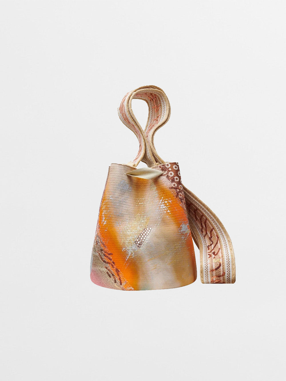 Colorful patterned Mochila Laaput Pearl handbag with a bow and braided strap against a white background.