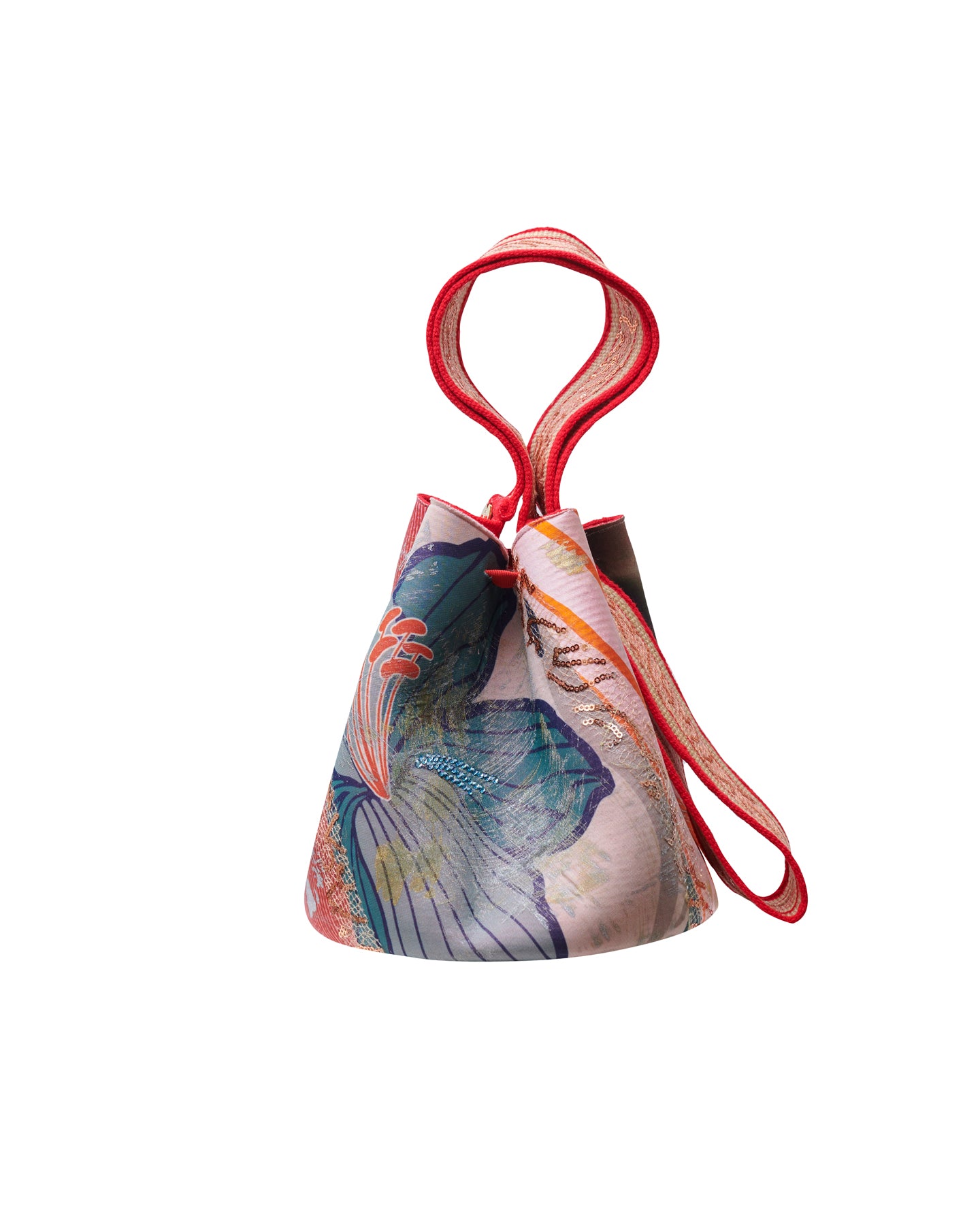 A colorful Mochila Laaput Red featuring a red and black abstract design, a red strap with a ribbon tie, and an orange hand-woven strap with intricate Wayuu craftsmanship.