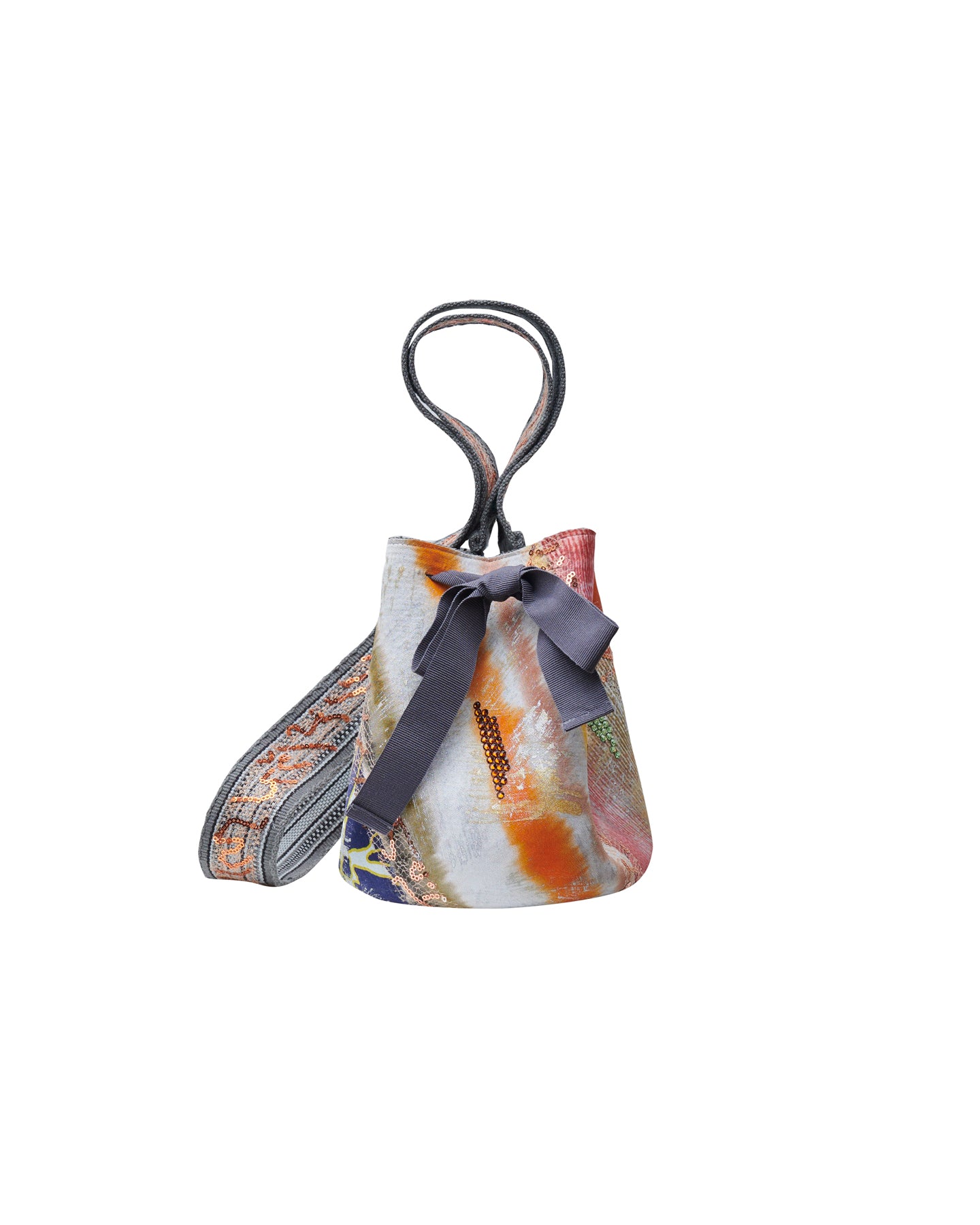 A colorful Mochila Laaput Small Gray handbag with a floral design and a hand-woven strap isolated on a white background.
