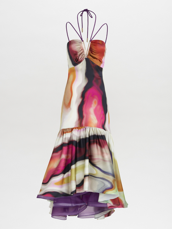 A Mogador Dress Iridescent Marble with a colorful print on it.