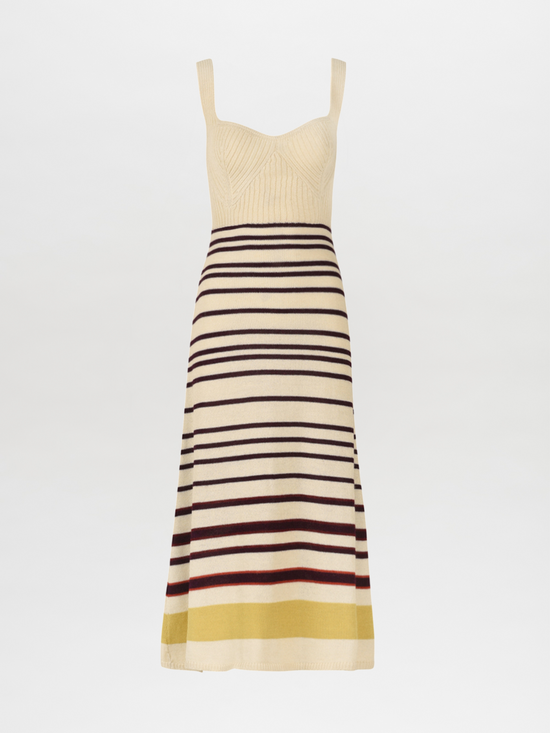 Sleeveless a-line Muriel Dress Multi Mustard Stripe with a beige top and horizontal stripes in black, red, and yellow on the skirt, displayed on a white background.