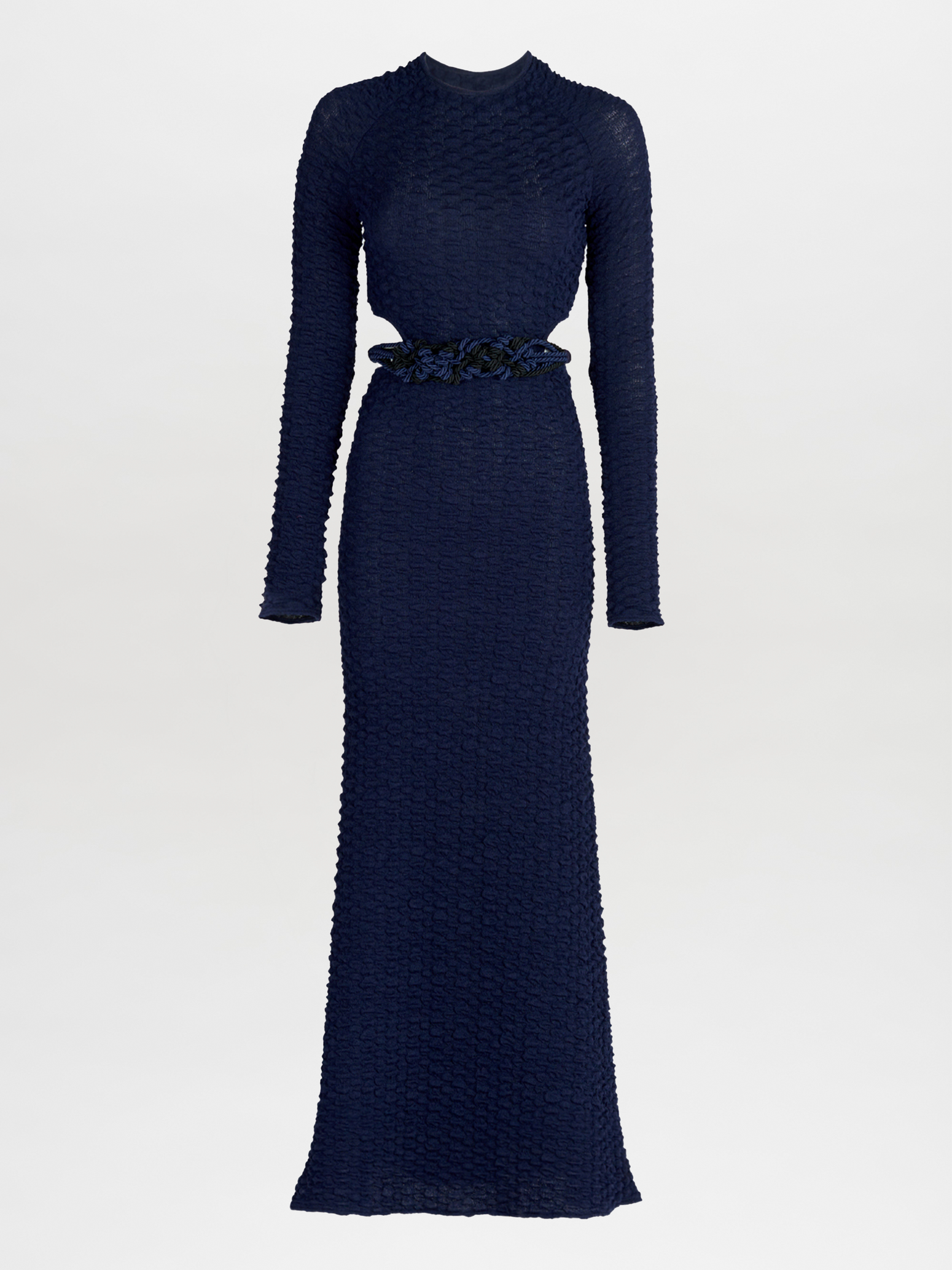 A Myriam Dress Navy with a braided belt.