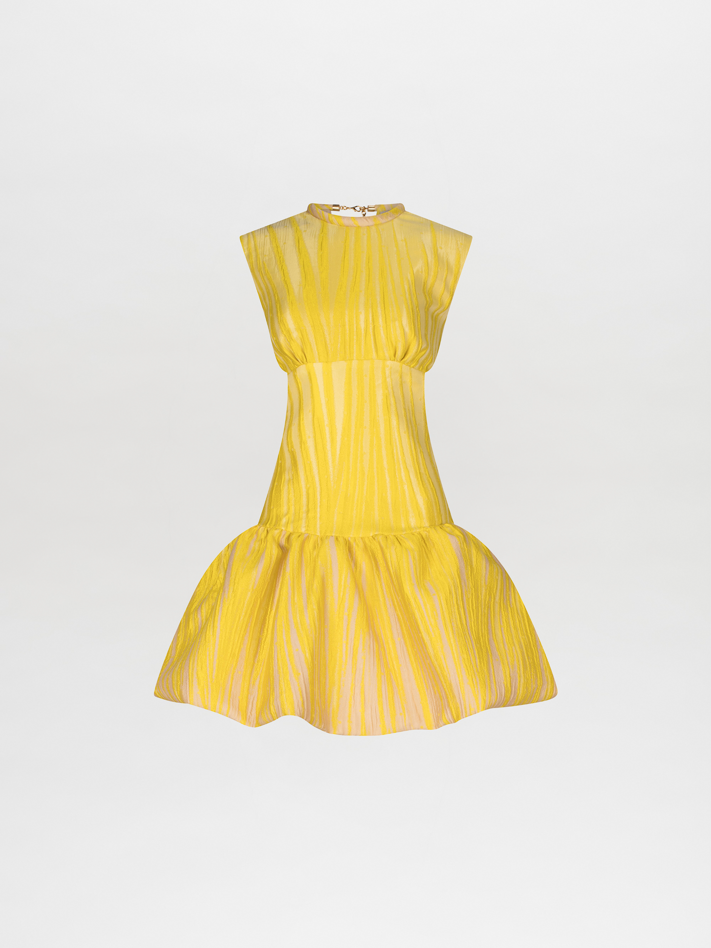 A yellow Nadra Dress Yellow Pink Ripple with a ruffled skirt.