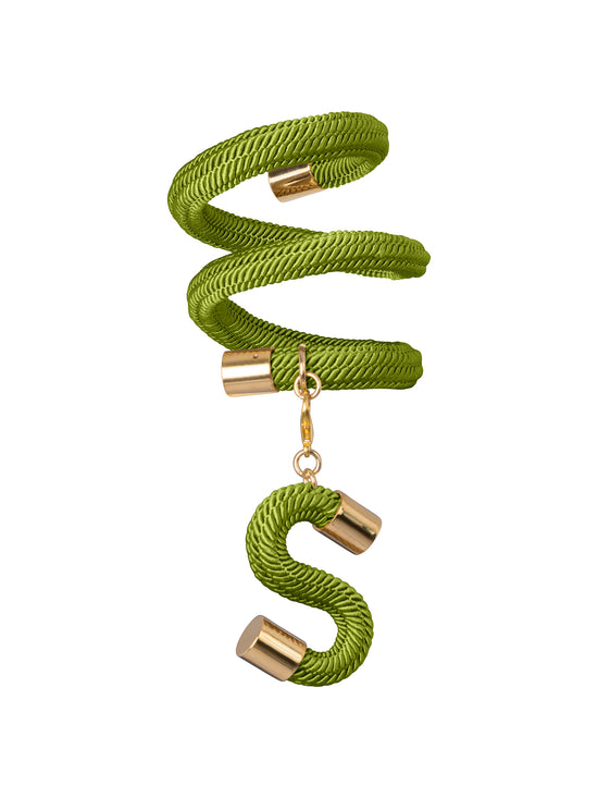 Introducing the Nicky Bracelet Green – a striking green spiral cord bracelet adorned with gold caps and a charming dangling 'S' charm made of matching green cord and gold-capped ends. Available starting August 19th, this accessory is your must-have to elevate your style in 2024.