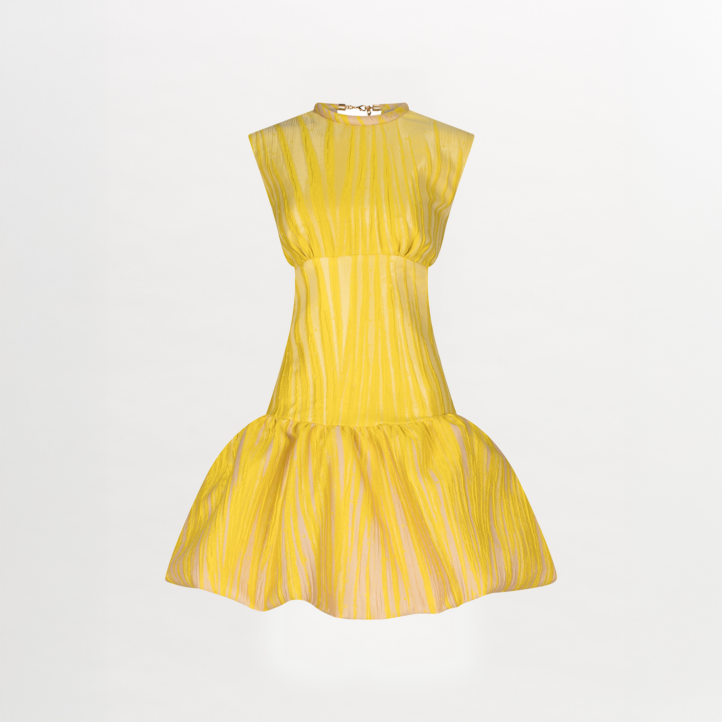 A yellow Nadra Dress Yellow Pink Ripple with a ruffled skirt.