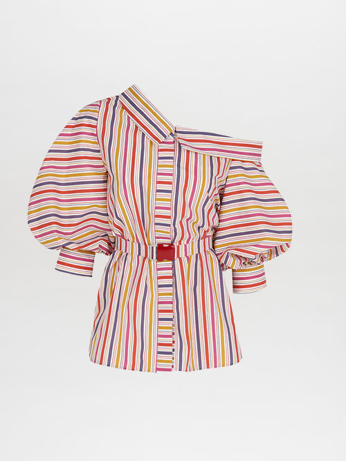 The Nerio Blouse Golden Magenta Stripes features voluminous sleeves, an asymmetrical off the shoulder neckline, and a red belt at the waist.