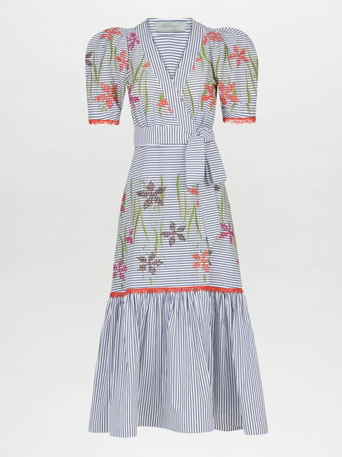 A blue and pink floral embroidered Nicola Dress Blue Pinstripe, featuring an adjustable self-tie waist strap.