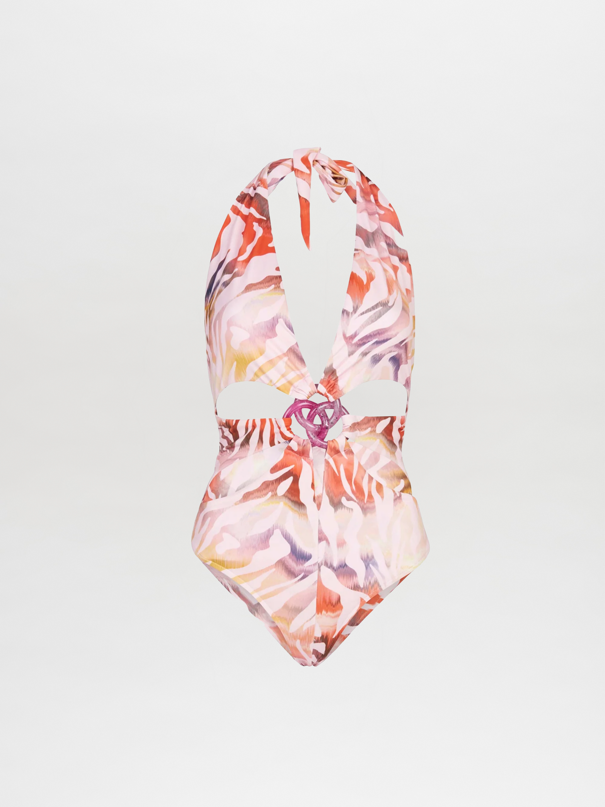 The Leilou One Piece Blush is a swimsuit with a pink, red, and orange abstract pattern, featuring a deep V-neck, halter tie, midsection cutout, and a decorative pink accent at the front.
