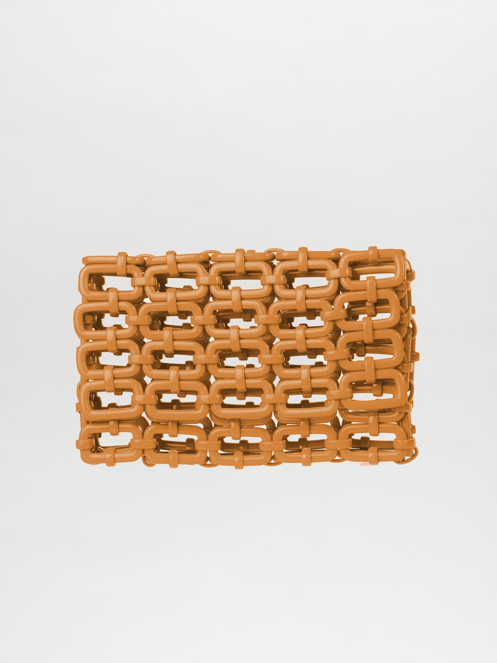 The Orvieto Clutch Camel, an Italian resin clutch in a sophisticated brown rectangular design, showcases beautifully crafted interlocking chain links against a plain background.
