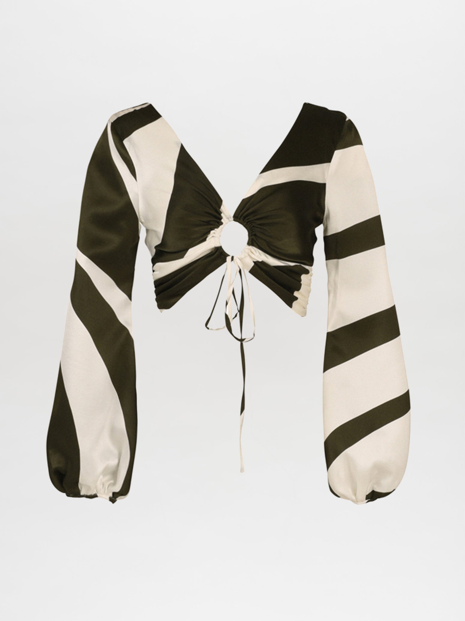 A black and white striped long-sleeve crop top with a central ring detail and drawstring ties at the bottom, offering an Odette Blouse Green Abstract-inspired look perfect for any occasion.