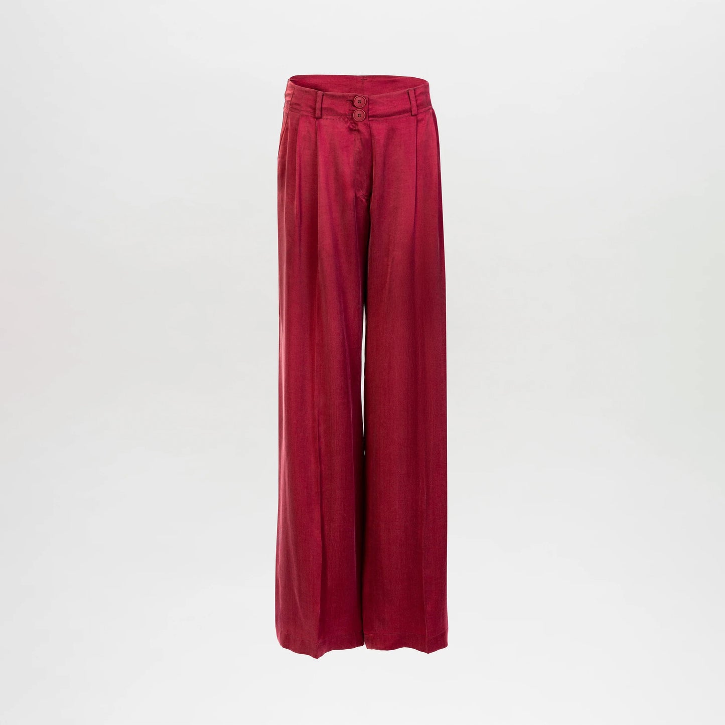 The Opal Pant features a high-waisted, wide-leg silhouette in vibrant red Italian fabric with double button and zip closure, belt loops, and waist pleats, shown against a plain white background.