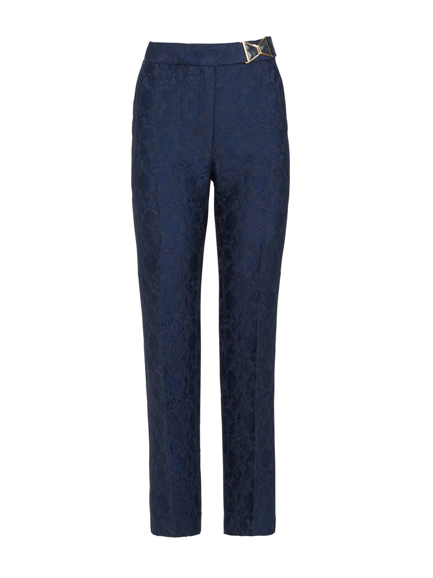 A woman's high-waisted Orion Pant Navy with a gold buckle.