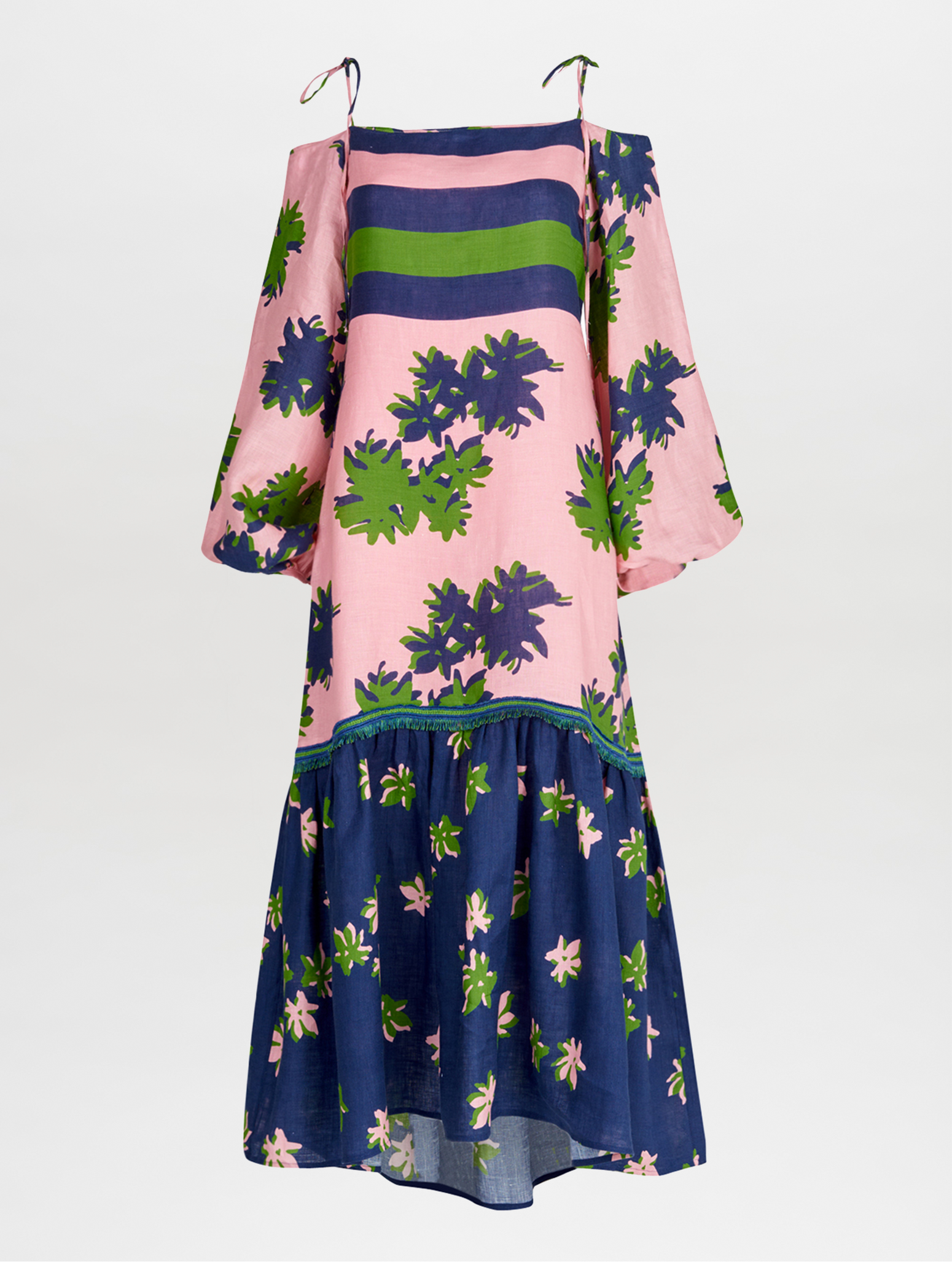 Oristano Dress Navy Pink with off-the-shoulder style and blue and green flowers on it.