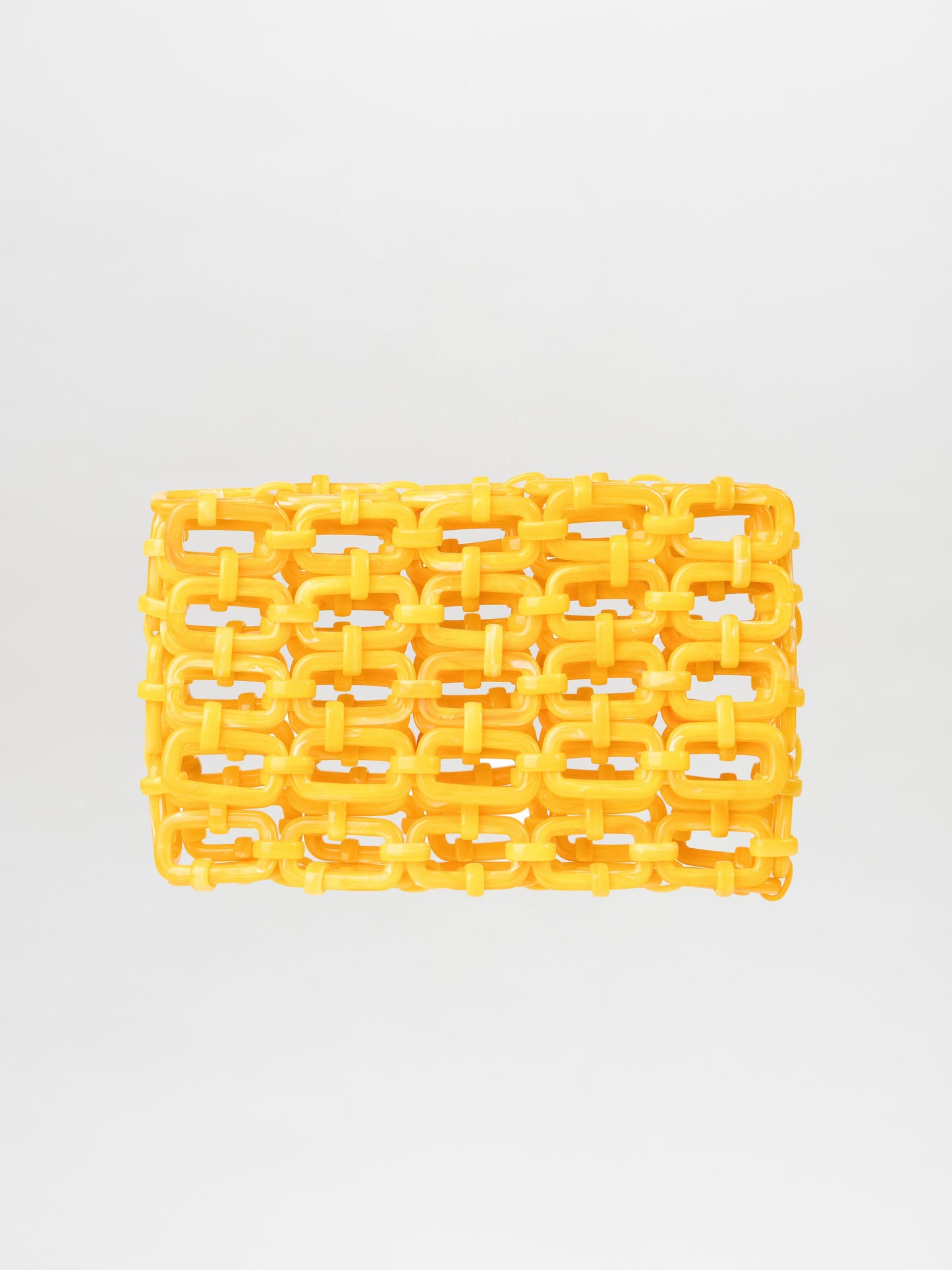 The Orvieto Clutch Limoncello, a yellow woven plastic bag with a grid-like design on a plain background, is a versatile accessory that effortlessly complements any style.