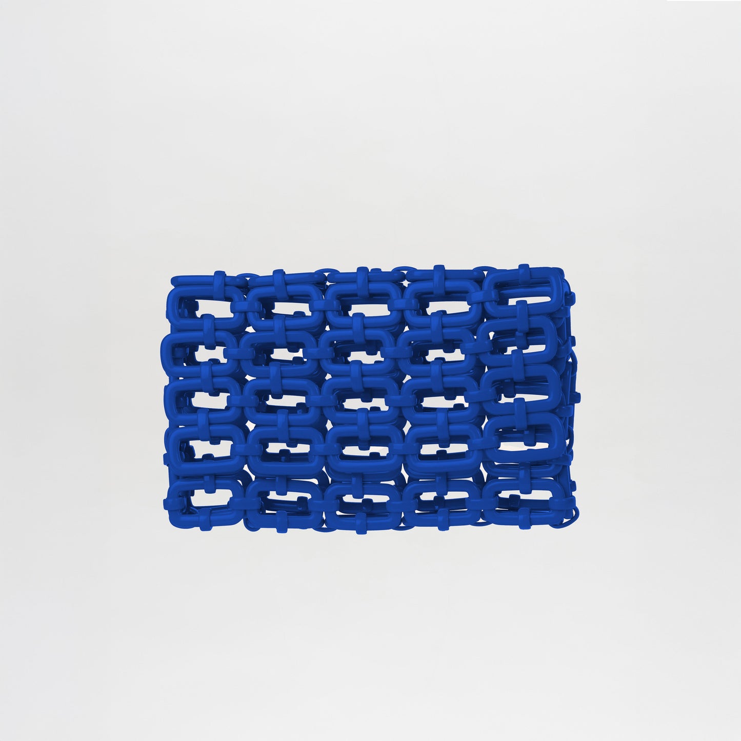 The Orvieto Clutch Blue features a rectangular grid of interlocking blue links crafted from durable Italian resin, arranged in five rows and six columns against a plain white background.