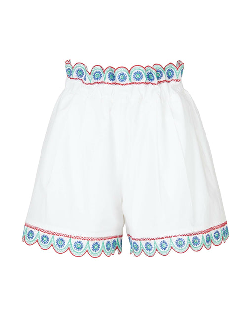 Adelson Short White Blue featuring a colorful embroidered scalloped trim at the waistband and hem.