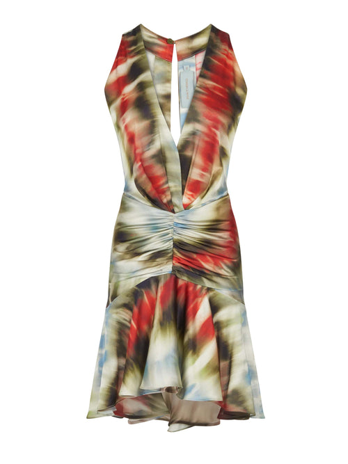 Part of the Pre Fall 2023 collection, the Elettra Dress Multi Linear is a stunning silk mini dress with a sleeveless design, a plunging neckline, and a gathered waist. It showcases a vibrant tie-dye pattern in shades of red, green, and blue.