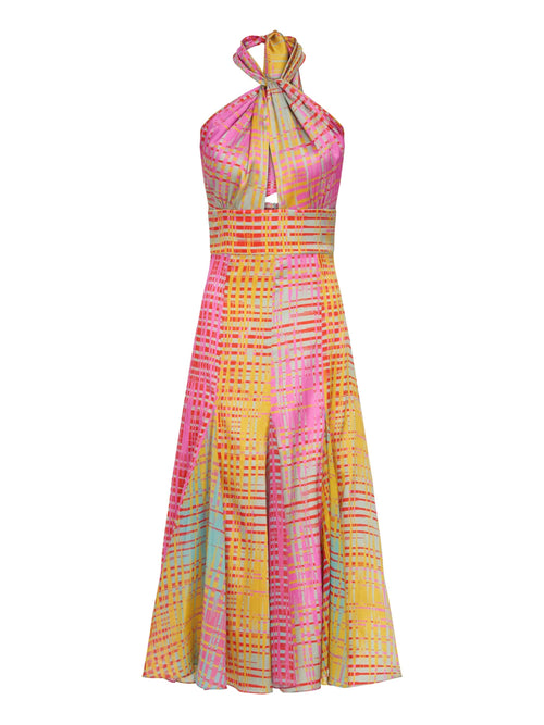 The Silvana Dress White Digital boasts a vibrant twist-halter silhouette with a stunning geometric pattern in pink, yellow, and blue tones on digitally electric printed chiffon.