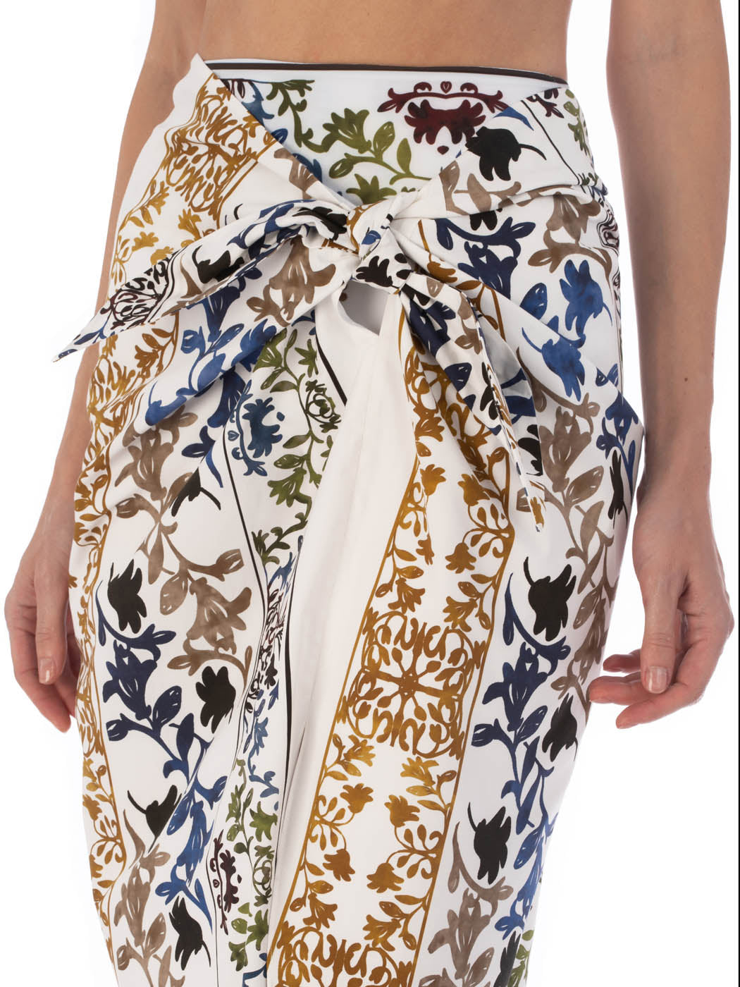 Patmos Pareo Skirt Multi Sepia Floral with a bow tie at the front, isolated on a white background.