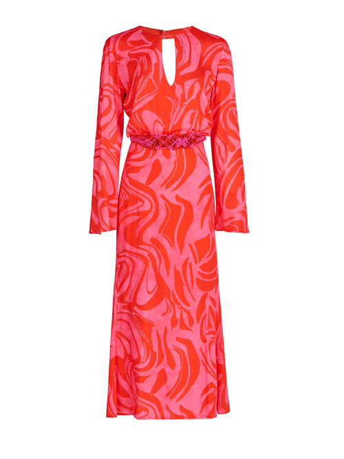 A transitional Pesaro Dress Pink Red Marble in printed viscose with long sleeves in orange and pink.