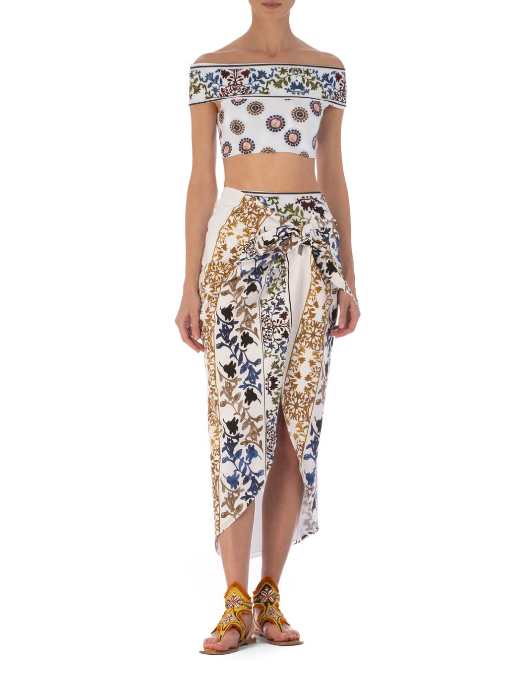 Patmos Pareo Skirt Multi Sepia Floral with a bow tie at the front, isolated on a white background.