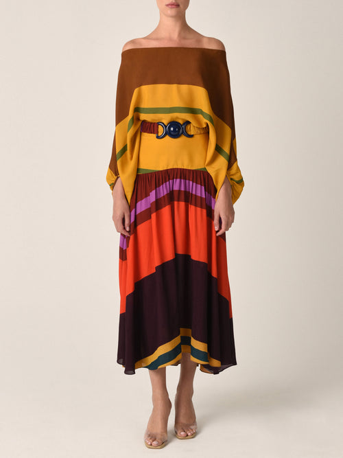 The Mariah Dress Color Block Multi is a multicolored, off-the-shoulder long sleeves ensemble with a wide black belt, featuring color block stripes in shades of yellow, brown, purple, red, and orange.