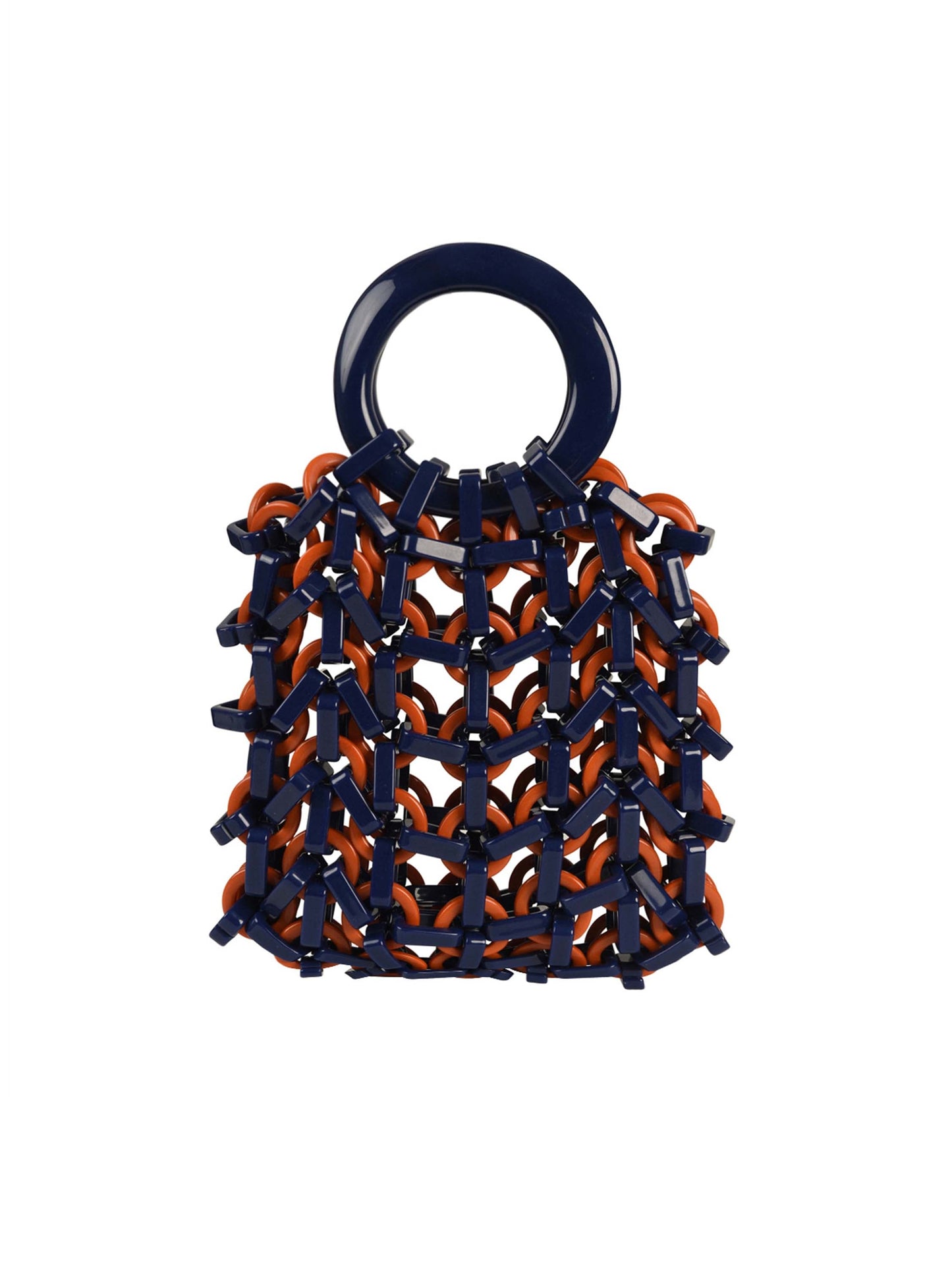 Introducing the Omegna Handbag in Navy/Orange, featuring a trendy design with a circular handle and an eye-catching pattern. Its unique knit-like resin texture gives it a modern twist, making it both stylish and functional for any occasion.