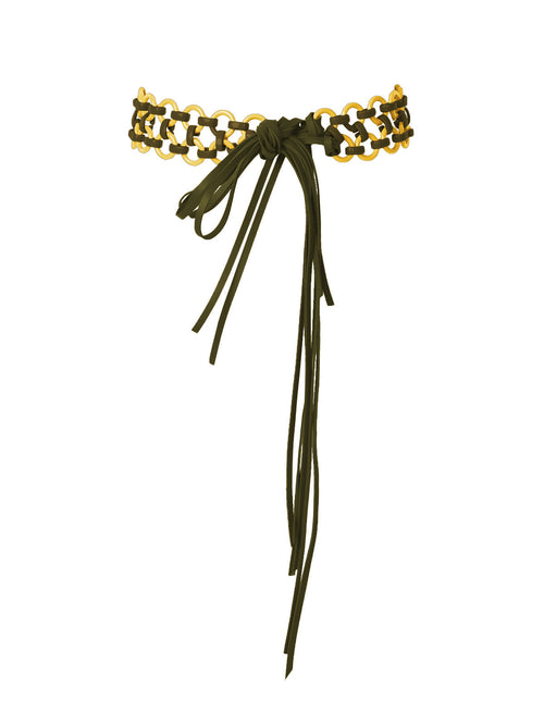 A Sindione Belt Green/Yellow featuring a chain-link pattern and adorned with a bow with long, trailing ends.