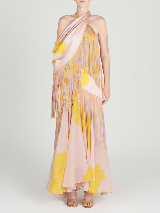 Parma Dress Yellow Nude Floral with fringes and an open back.