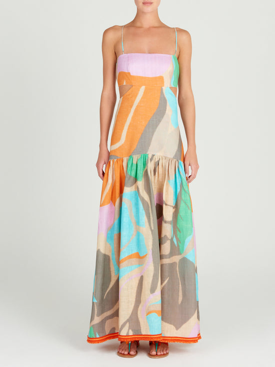 Shannon Dress Pastel Multi Swirls made from printed linen fabric.