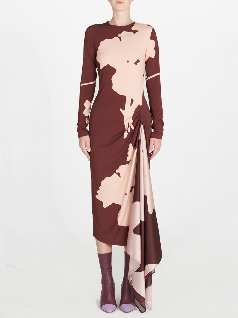A burgundy midi Ananya Dress Cacao Floral with long sleeves in a botanical-inspired print.