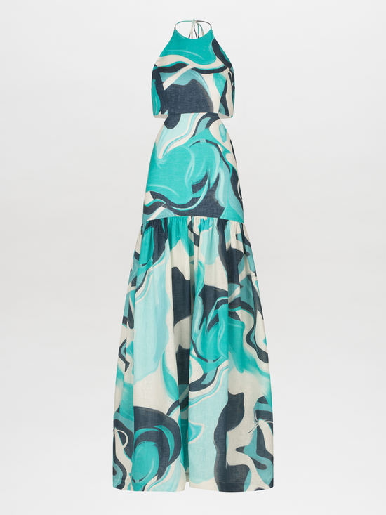 A Rosalia halter dress with an abstract print.