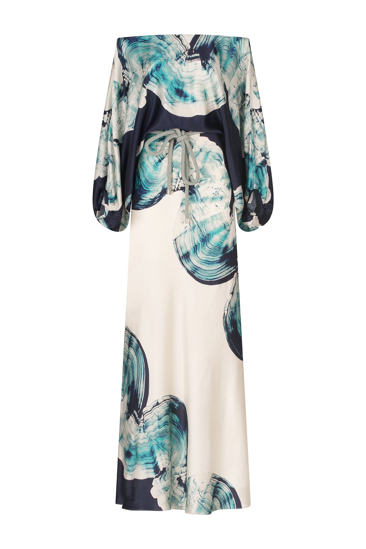 An elegant off-the-shoulder Rossi Dress Navy Abstract Wave featuring a blue and white abstract print on silk fabric.