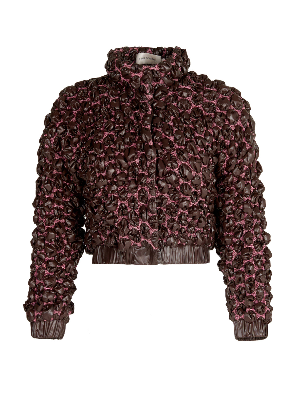 This brown and pink Zalta Jacket Brown features ruffles, perfect for adding a feminine touch to any outfit.