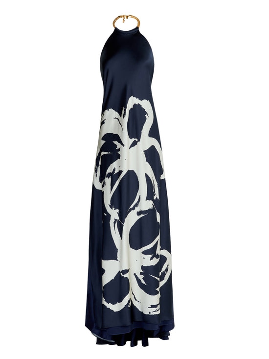 A navy Zeffa Dress Midnight Bloom with a floral abstract print.