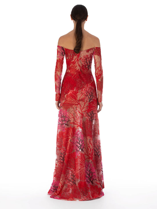 A long-sleeved Rafaella Dress Multi Coral evening gown with an off-the-shoulder neckline and floral patterns isolated on a white background.