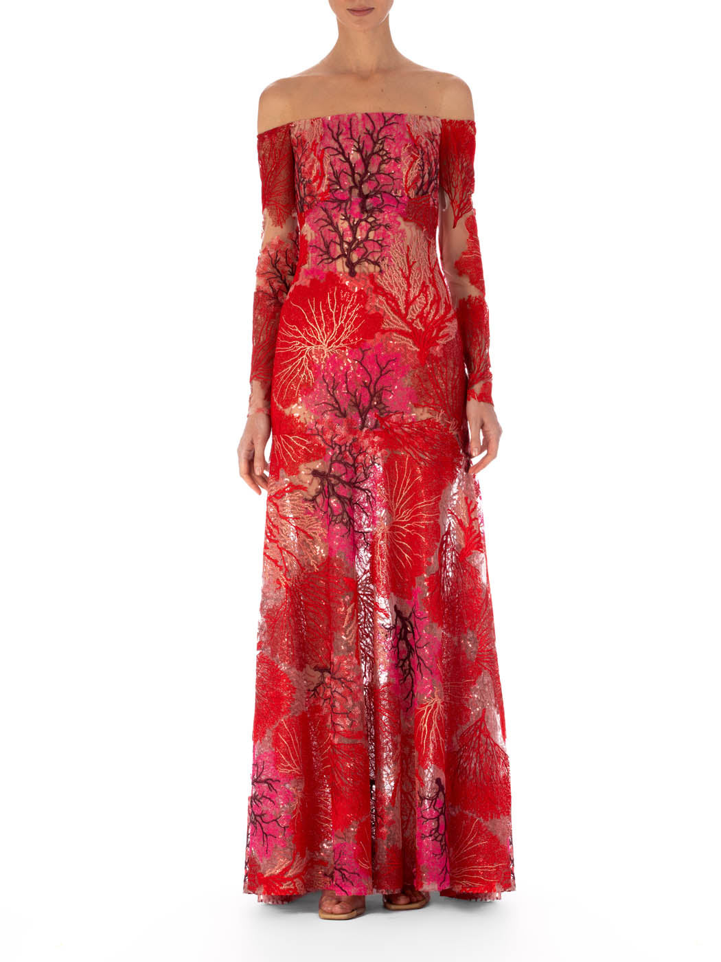 A long-sleeved Rafaella Dress Multi Coral evening gown with an off-the-shoulder neckline and floral patterns isolated on a white background.