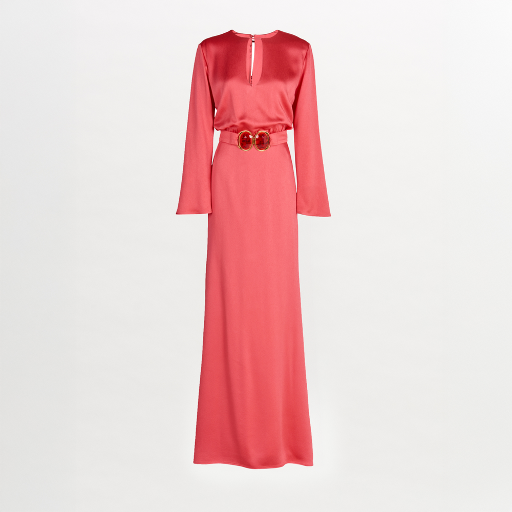 A sleek Ravenna Dress Coral floor-length dress with a belt.