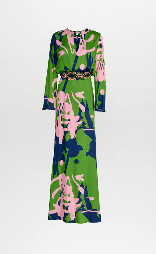 A vibrant printed Ravenna Dress Verdi Pink with a belt.