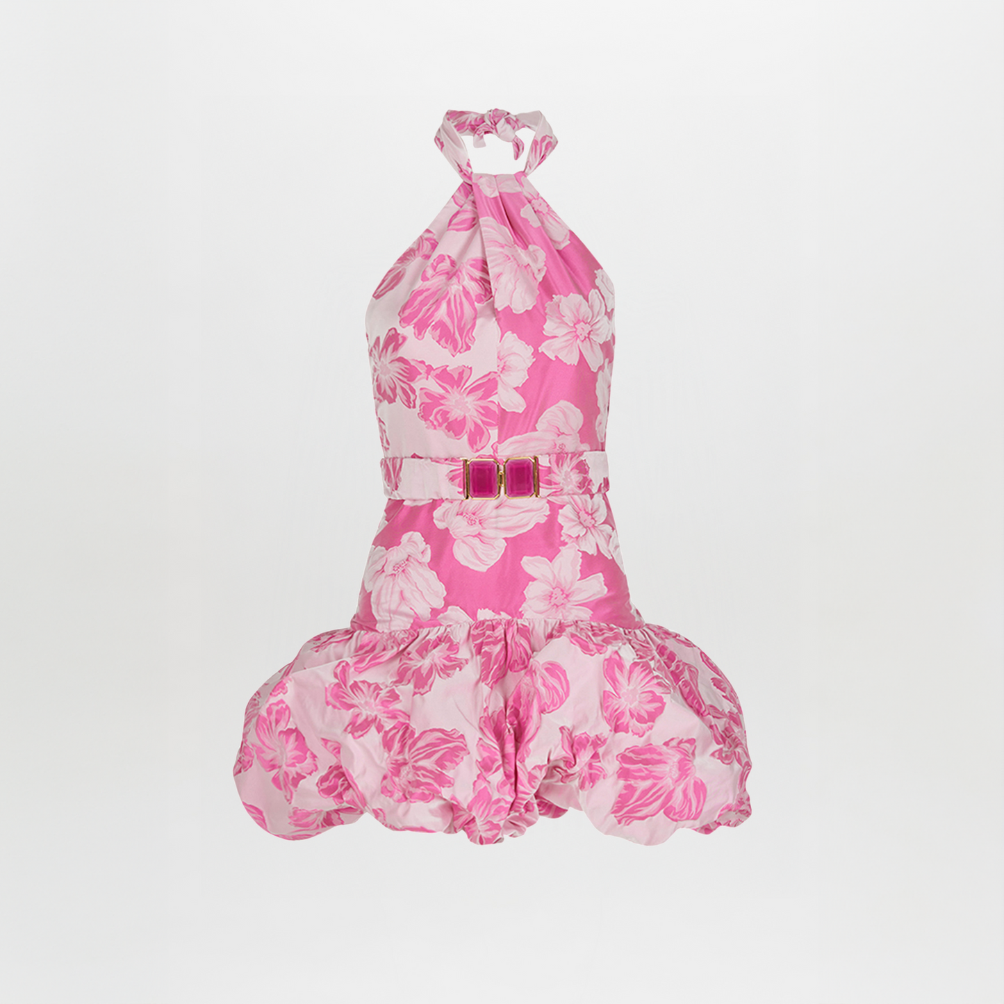 A Rea Dress Magenta Floral with a belt.