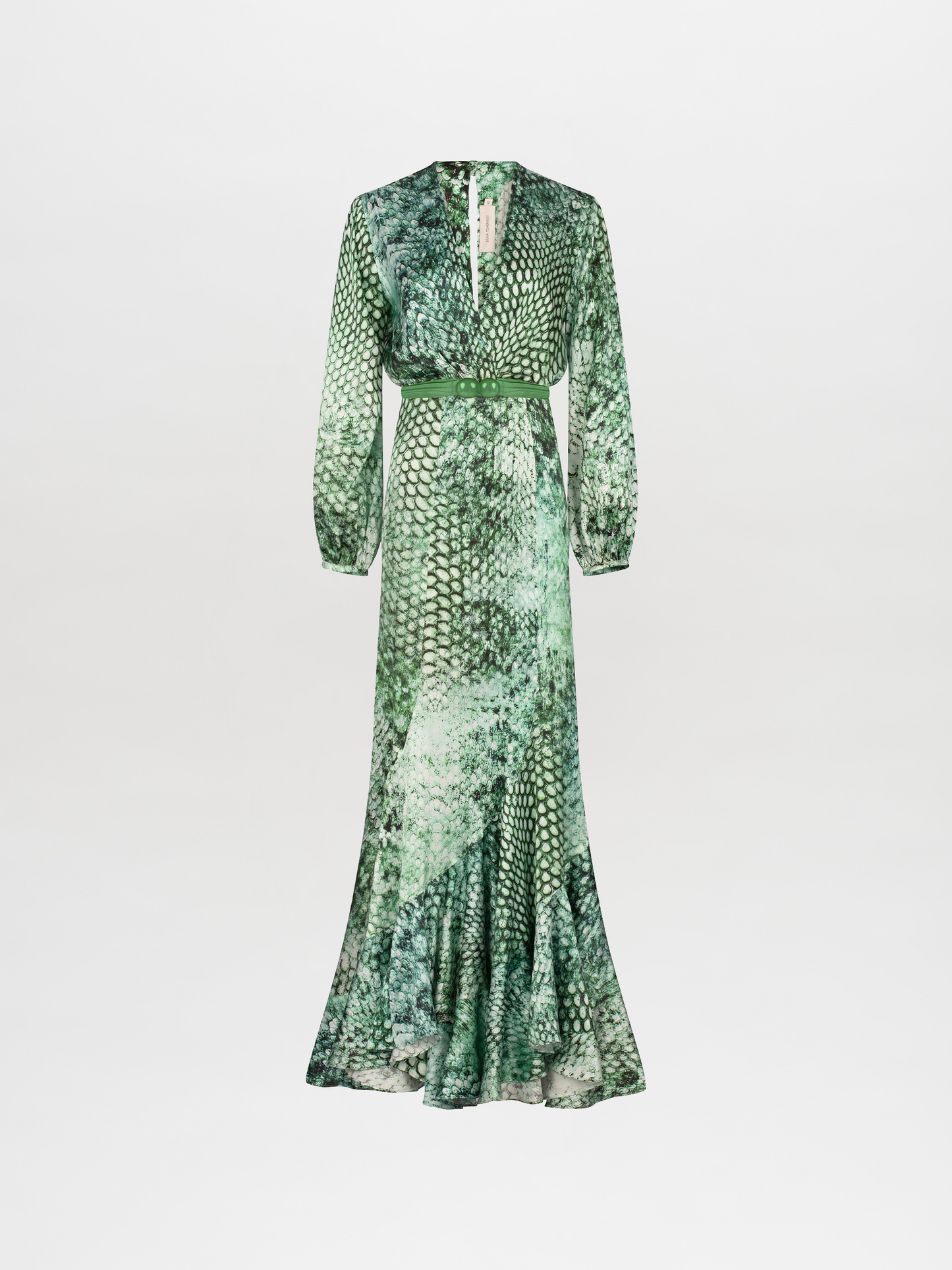 A person stands wearing the Remy Dress Emerald Animal Print, a green long-sleeve, full-length dress with a pattern resembling scales, featuring a V-neckline and a belt with ornamental details. Available for pre-order now, this stunning piece will ship by date November 15th, 2024. The background is plain white.