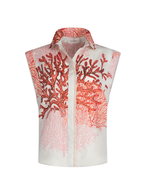 Rina Blouse Multi Coral with a multicolor coral motif on a white background, featuring a classic collar and concealed button trail.