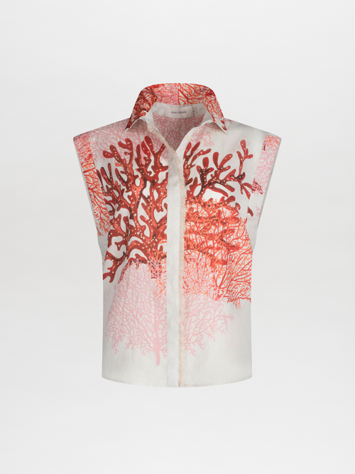 Rina Blouse Multi Coral with a multicolor coral motif on a white background, featuring a classic collar and concealed button trail.